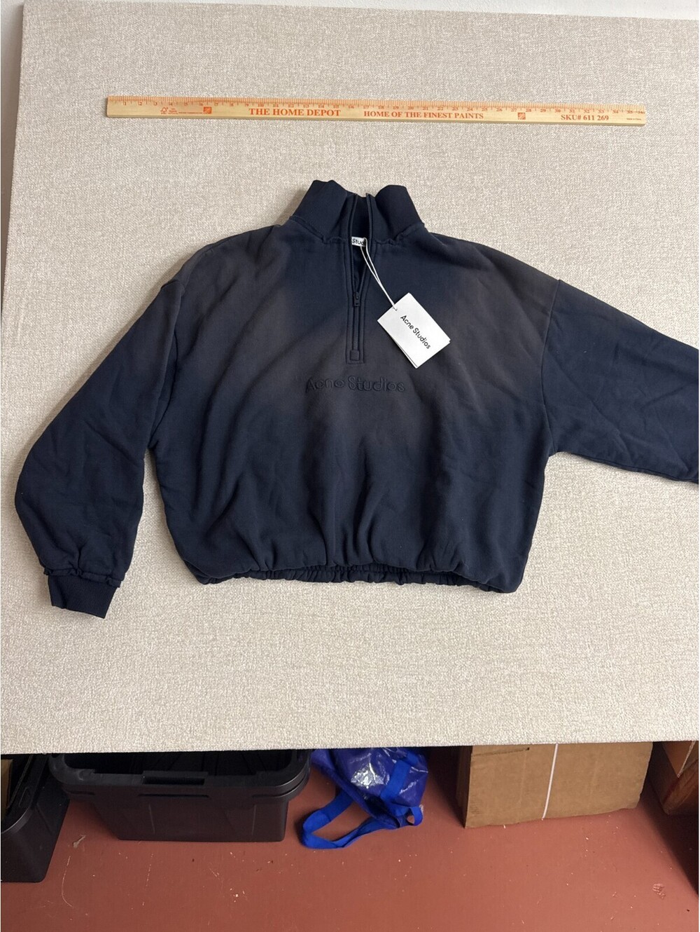 Acne Studios Half Zip Sweatshirt men size small Black Vintage Washed Cropped Pul